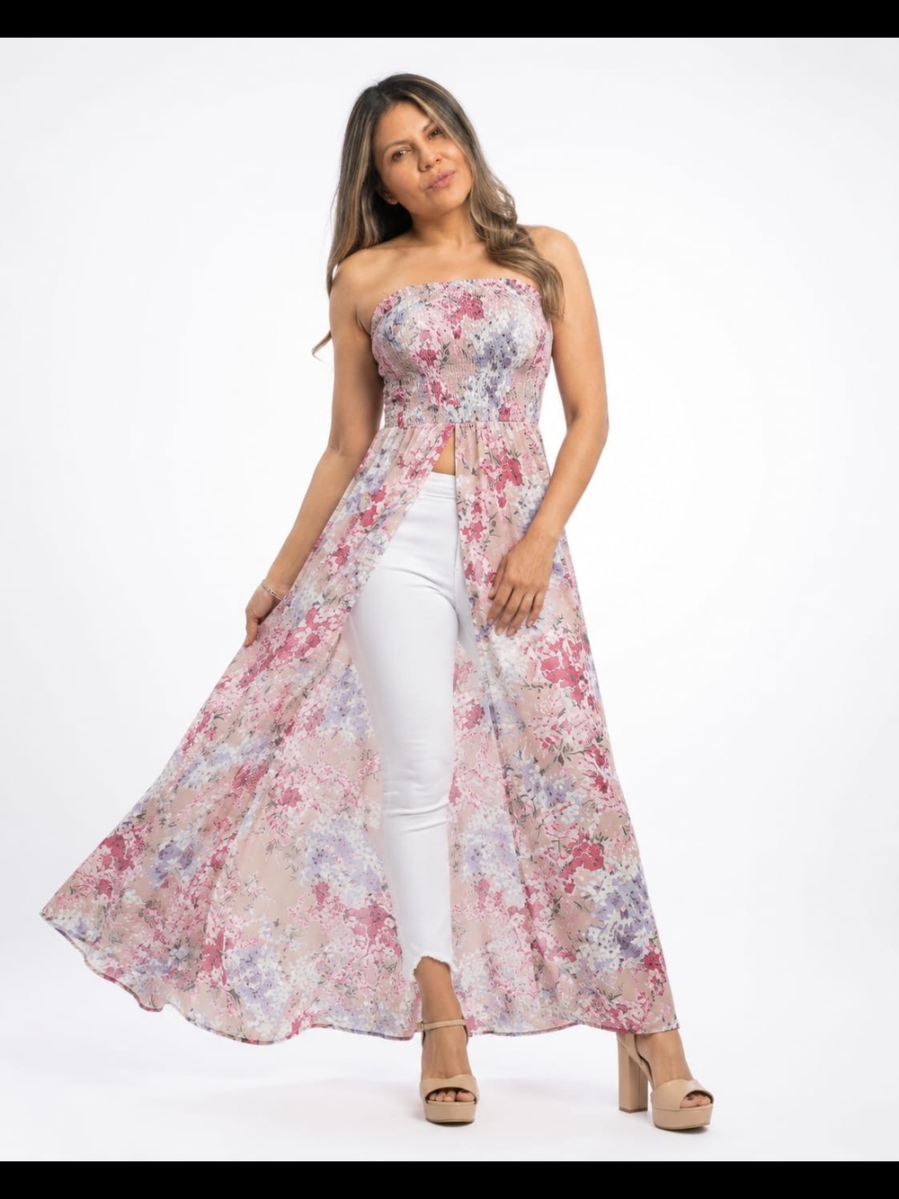 SHEIN Strapless Floral Maxi Top Tunic High Slit Pink Boho